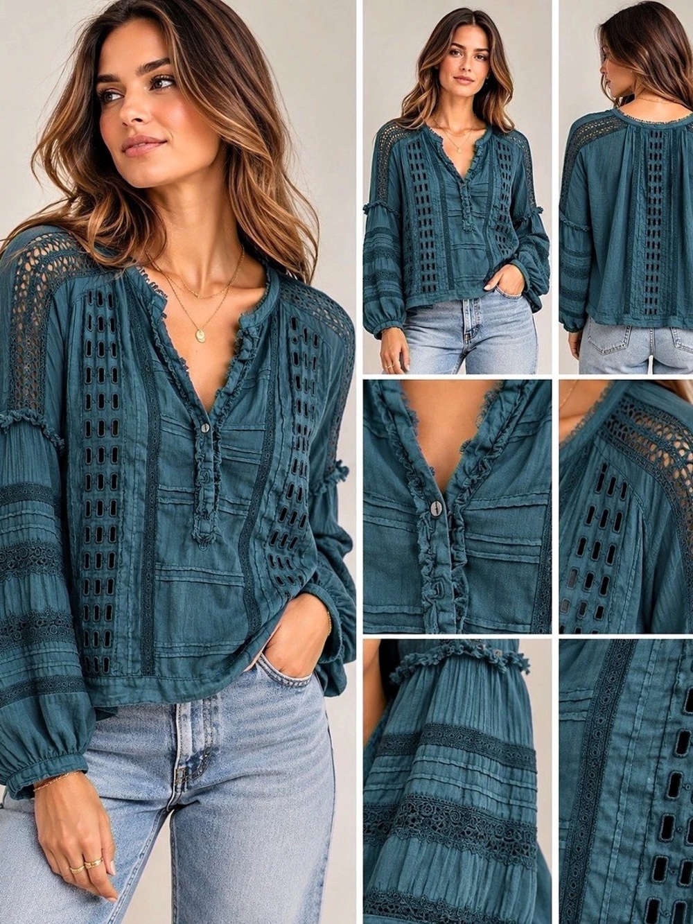 Turning to Beach Embroidered Boho Blouse in Blue Size Small